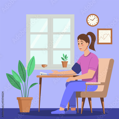 Flat illustration of a young woman sitting in a cozy room, checking her blood pressure using a digital monitor. The scene includes houseplants, a clock, a cup, and wall decor by the window.