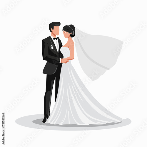 Romantic wedding couple embracing on their special day, vector illustration of a happy bride and groom celebrating marriage.
