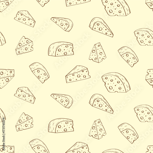 Seamless cheese pattern with holes. Background of dairy products. Vector illustration hand drawn sketch.