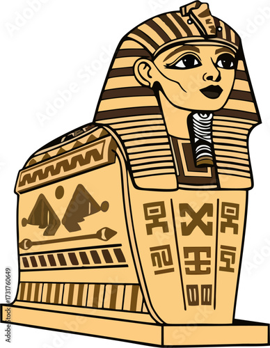 Pharaoh Sarcophagus Statue Vector, Egyptian Motif Hieroglyph Illustration