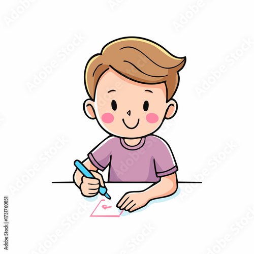 Cute cartoon boy drawing with a marker, smiling child illustration for kids' education, creative learning, and school activities.