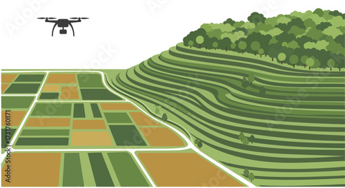 Drone surveying agricultural fields and terraced hillsides for precision farming.