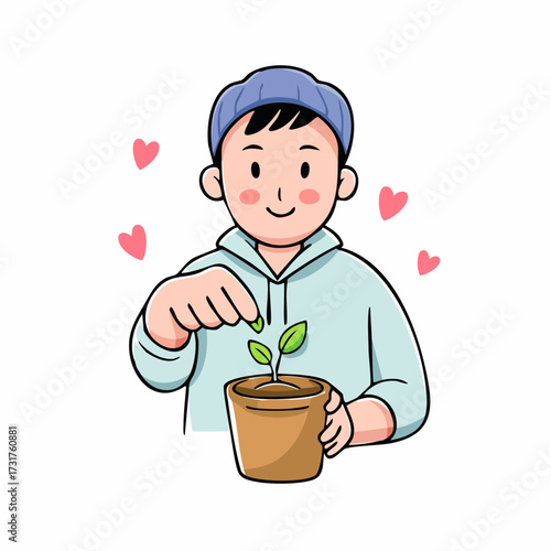 Cute cartoon illustration of a young person planting a small seedling in a pot, symbolizing growth, nature, and environmental care.