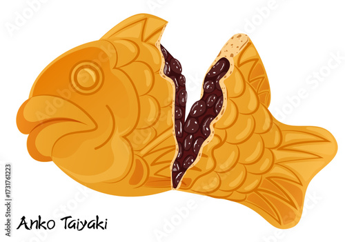 Halved Taiyaki Illustration with Exposed Sweet Red Bean Paste (Anko) Filling - Japanese Fish-Shaped Cake Close-Up