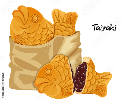 Taiyaki in Paper Bag Illustration - Japanese Street Food Snack with Halved Cake Showing Sweet Red Bean Paste (Anko) Filling