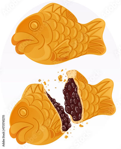 Taiyaki Halved and Whole Illustration - Japanese Fish-Shaped Street Snack Cake Filled with Sweet Red Bean Paste (Anko)