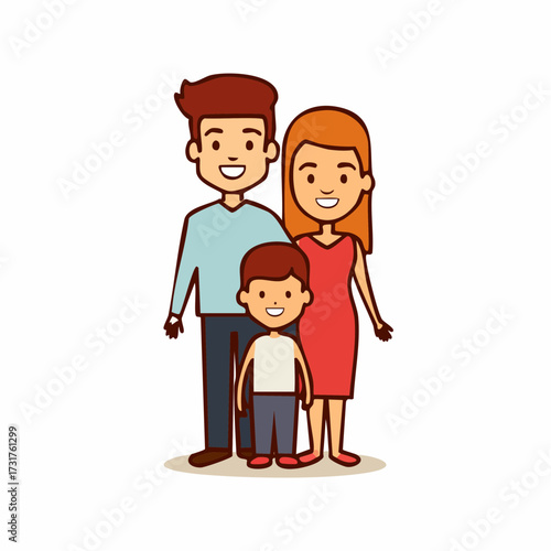 Happy nuclear family vector illustration with smiling parents and young son. Parenthood, childhood, and love concept, isolated on white.