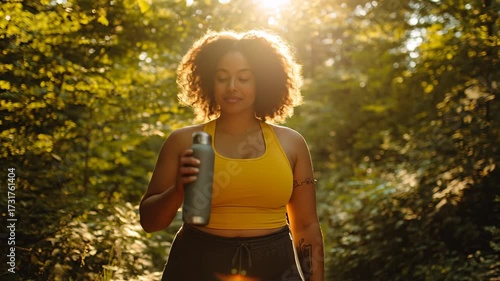 A plus-size woman drinks from a thermos after jogging in the park, embracing wellness, motivation, and self-love through an active lifestyle.
