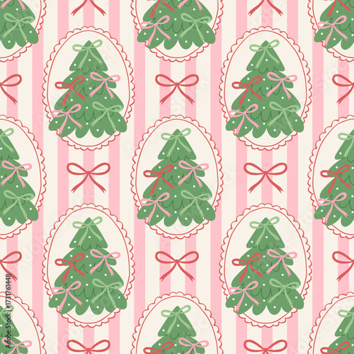 Christmas cute seamless pattern with decorative frames, bows and Christmas trees. Xmas coquette retro print. Elegant trendy background. Vintage holiday ornament for fabric, wrapping paper.