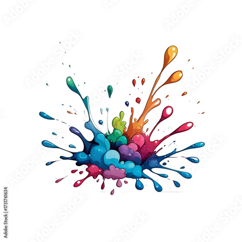 A vibrant explosion of colorful paint reveals cute, smiling cartoon faces, representing joy, creativity, and fun. Isolated vector illustration