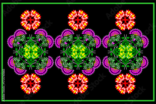 A vibrant symmetrical vector illustration featuring kaleidoscopic floral and geometric elements on a black background.Ideal for textile design, digital backgrounds, spiritual art, or decorative assets