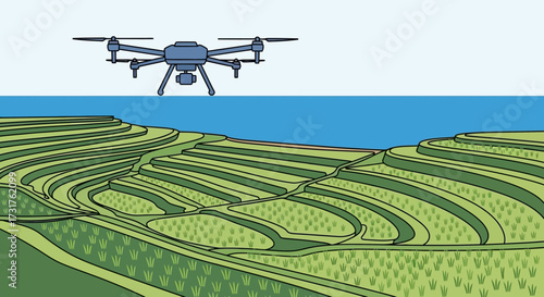 Drone surveying agricultural fields for precision farming technology.