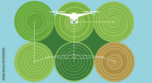 Drone surveying circular agricultural fields for precision farming technology.