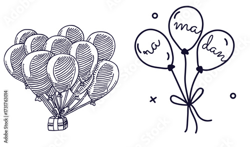 Balloon outline elements clipart set. Inflatable floating balloons with printed pattern drawing icon clip art collection
