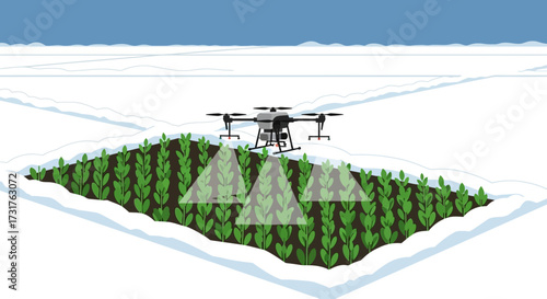 Drone surveying crops in a field for precision agriculture.