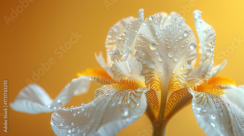 Elegant white iris flower in full bloom with delicate petals adorned by morning dew, beautifully illuminated against a golden bokeh background, symbolizing purity, grace, serenity, natural beauty, and