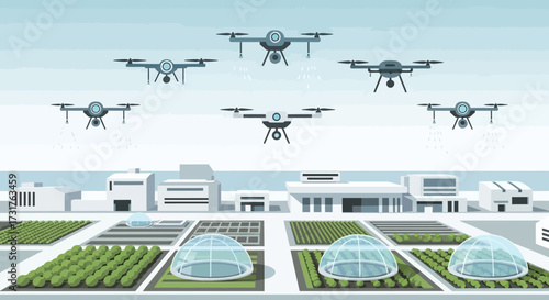 Drones flying over futuristic smart farm with advanced technology.