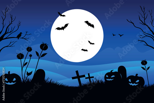 Halloween night moon, flying bats and spooky graveyard in silhouette style