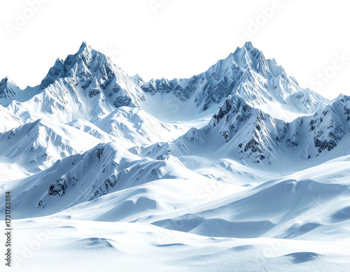 Snowy mountain range stretching across a wide landscape