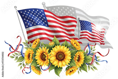 Patriotic Sunflower and Flag Illustration – Minimal Vector Design Featuring Three American Flags, Red White and Blue Ribbons, and Vibrant Sunflowers Representing National Pride and Holiday Celebration