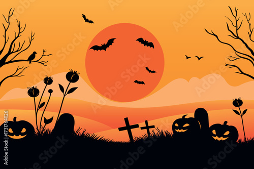 Halloween sunset scene, pumpkins and graveyard in spooky orange vector