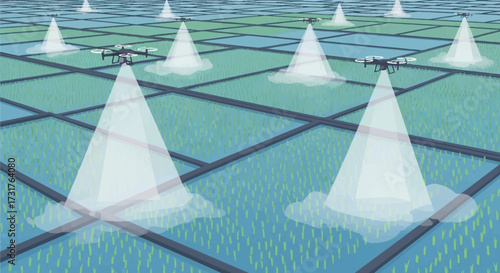Drones scanning agricultural fields with light beams.