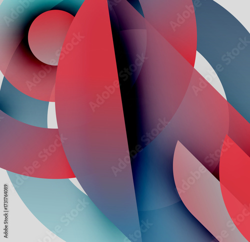 Abstract composition. Overlapping shapes create dynamic visual experience. Reds, blues, whites dominate design. Modern, fluid forms.