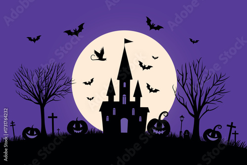 Halloween castle night, spooky full moon and pumpkins in vector silhouette