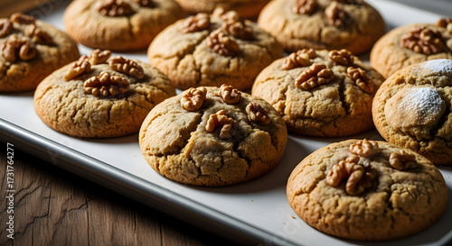 Freshly Baked Homemade Cookies with Walnuts, a Delicious Sweet Treat on a Baking Tray