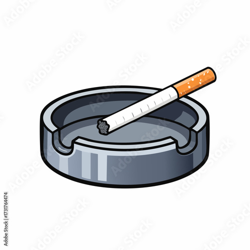 Cigarette rests in gray ashtray on white surface, symbolizing unhealthy habit and addiction with a somber tone.