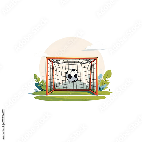 Soccer Goal Net with Ball Ready for Action on Green Field with Lush Foliage and Soft Sky Background