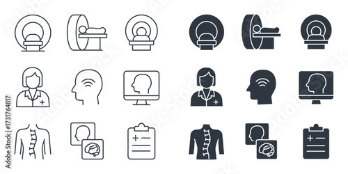Medical Imaging Icons on Light Background Featuring MRI Scanners, CT Machines, Doctors, Brain Scans, Patient Profiles, and Medical Reports