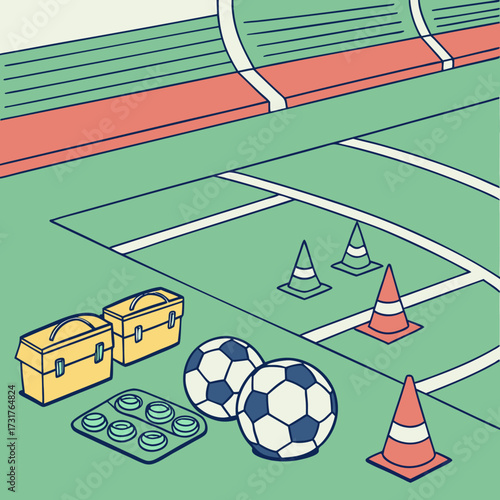 Soccer training field with footballs, cones, and equipment vector illustration