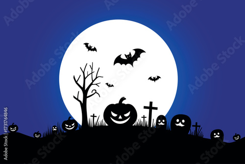 Full moon halloween, pumpkins and graveyard in spooky silhouette style
