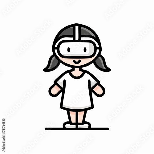 Young Cartoon Girl Wearing Virtual Reality Headset Illustration