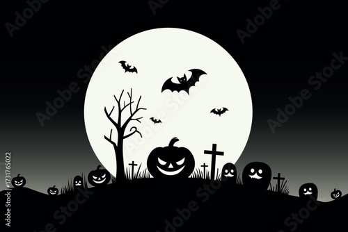 Halloween night scene, spooky pumpkins and graveyard in vector style