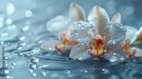 Elegant white iris flower in full bloom with delicate petals adorned by morning dew, beautifully illuminated against a golden bokeh background, symbolizing purity, grace, serenity, natural beauty, and
