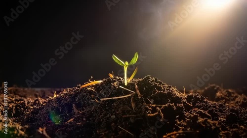 Emerging seedling in soil with smoke against a dark backdrop and sunlight