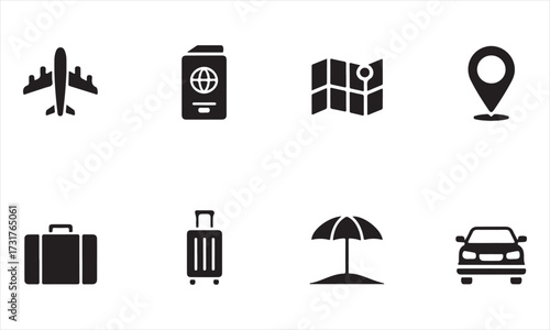 Collection of eight black travel and transportation icons on white background Keywords: airplane, aircraft, passport