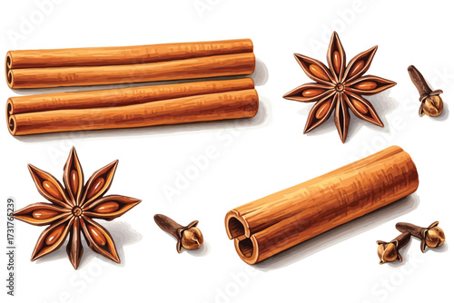 Cinnamon Sticks, Star Anise Pods, and Cloves – Minimal Vector Spice Collection for Culinary, Botanical, Seasonal, or Aromatic Design Projects – Elegant Flat Style Illustration