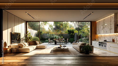 A luxurious modern living room interior featuring elegant white sofas, stylish armchairs, lush indoor plants, a wooden coffee table, and large arched windows inviting natural light for a serene, cozy,