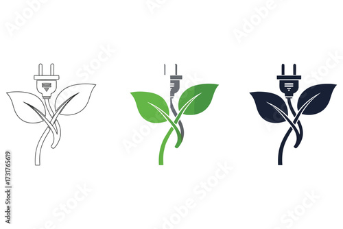 Eco Energy Icons – Stylized Plant with Electrical Plug in Gray, Green, and Blue Variants – Minimal Vector Symbols Representing Sustainable Power, Environmental Technology, and Green Innovation
