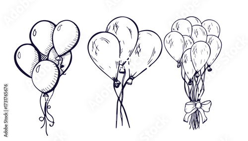 Balloon outline elements clipart set. Inflatable floating balloons with printed pattern drawing icon clip art collection