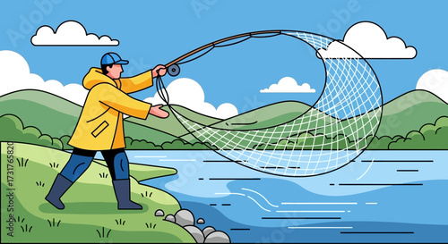 Fisherman casting a net into the water for fishing.