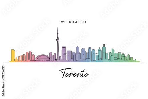 Toronto Skyline Illustration – Colorful Gradient Cityscape Featuring CN Tower, Rogers Centre, and High-Rise Buildings with “Welcome to Toronto” Text – Vibrant Vector for Tourism & Branding