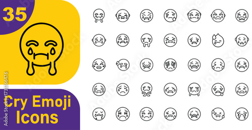 Collection of sad crying face emoticon icons in various styles