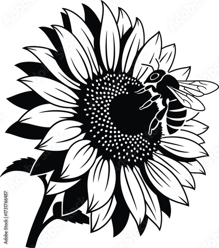 Black and white silhouette of a honey bee pollinating a large sunflower, a vector illustration symbolizing summer, nature, agriculture, vitality, and the vital role of insects.