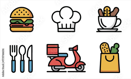 Food Delivery Icons Including Burger Chef Hat Scooter and Shopping Bag Keywords: food delivery, icons, set, burger