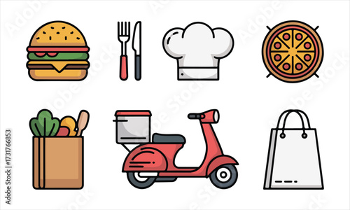 Food Delivery Icons with Burger Pizza Scooter and Shopping Bag vector illustration