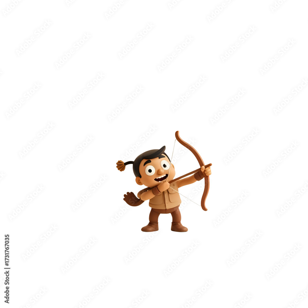 Fototapeta premium A charming animated character, a young archer, is depicted drawing a bow and arrow, ready to shoot against a pure white backdrop